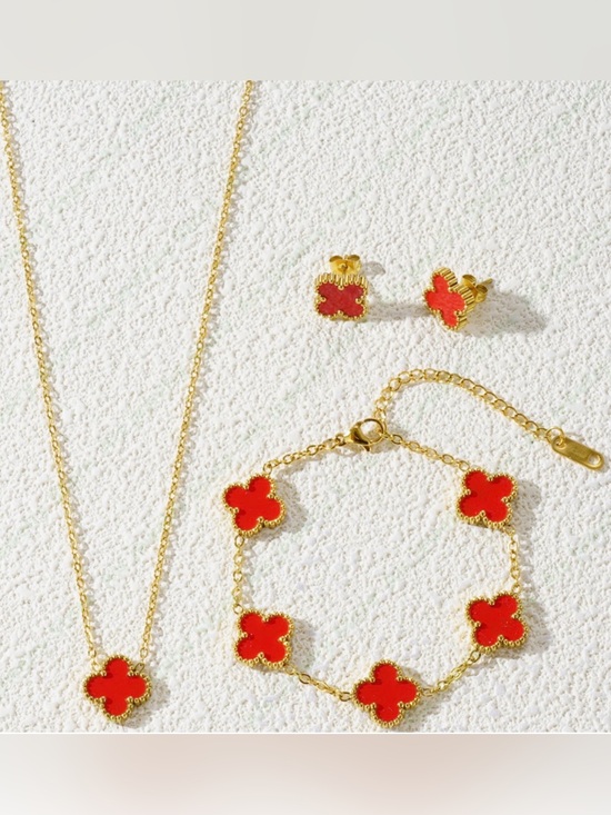 None Jewelry - Lucky Clover Necklace Earrings Bracelet Red Set 18K Gold Plated

Jewelry Set